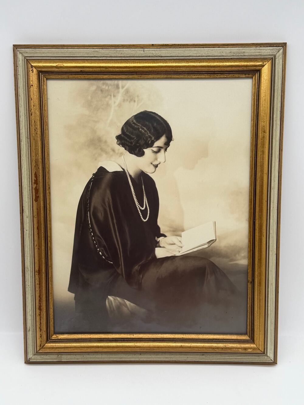 Vintage 1920s Portrait Art Print Woman Reading Book Pearls Gold Wood Frame-15x12